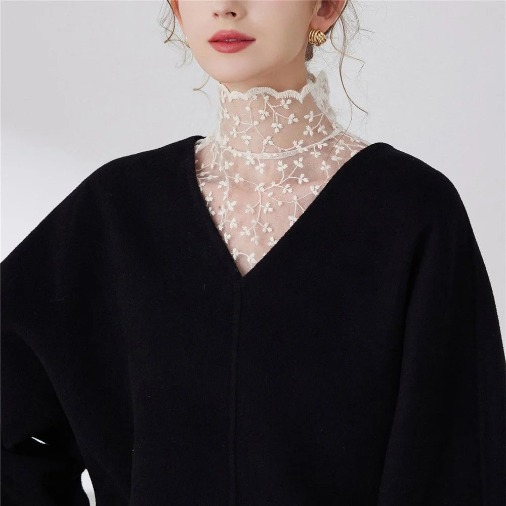 Lace Embroidered Fake Collar French High Neck Elegant Cotton Dickey Blouse Detachable Collar for Women - Beige - 7