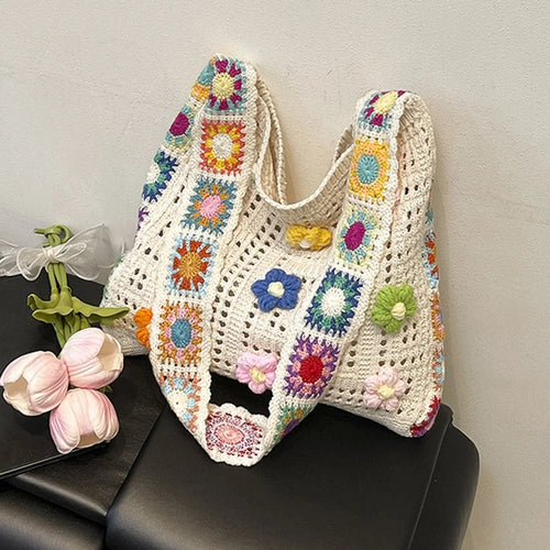 3D Flower Knitted Bag Crochet Tote Bag Large Capacity Bohemian Style Crossbody Shoulder Bag for Women - Beige - 1