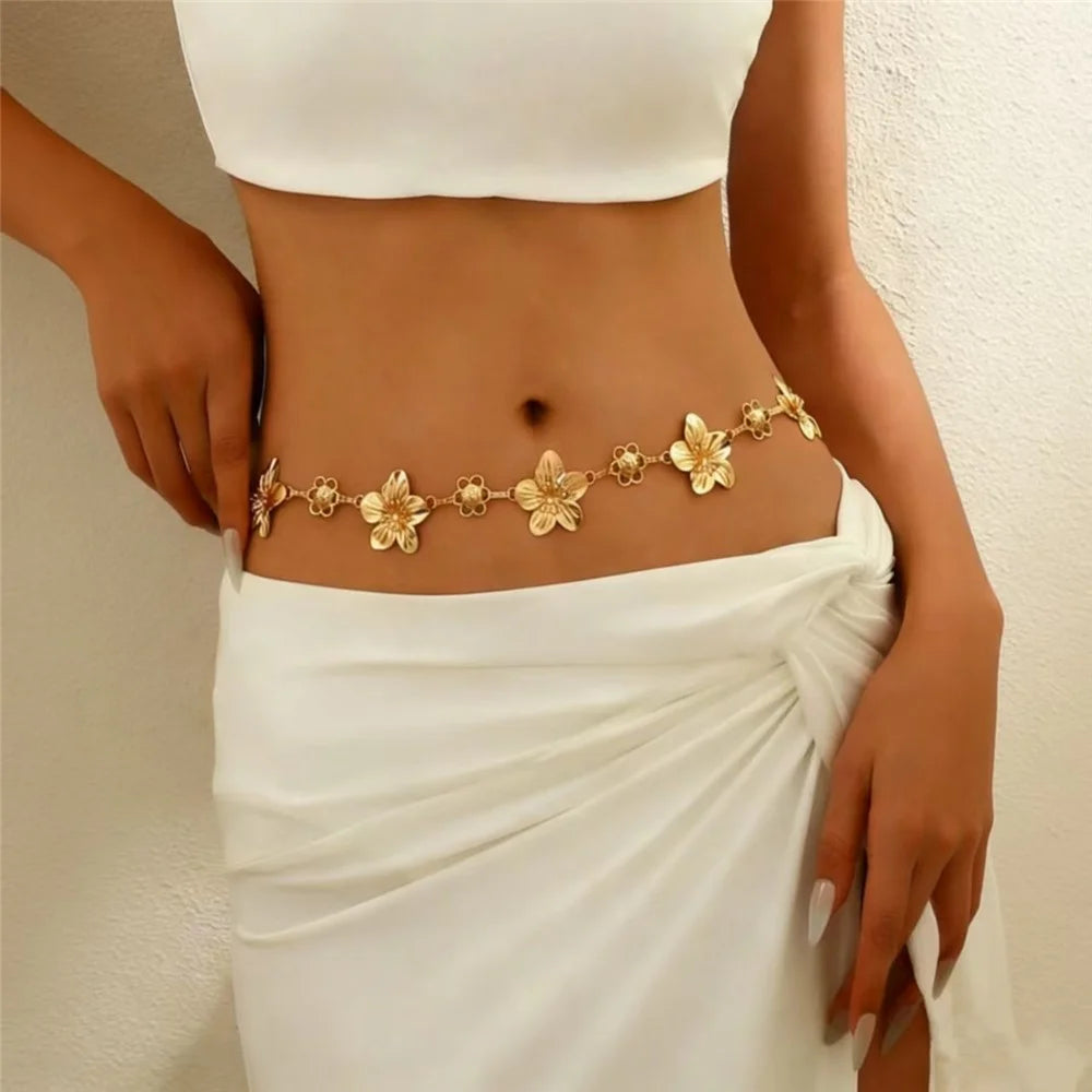 Women's Metal Flower Chain Belt Waist Chain Boho Beach Body Jewelry Belly Chain for Summer - 2