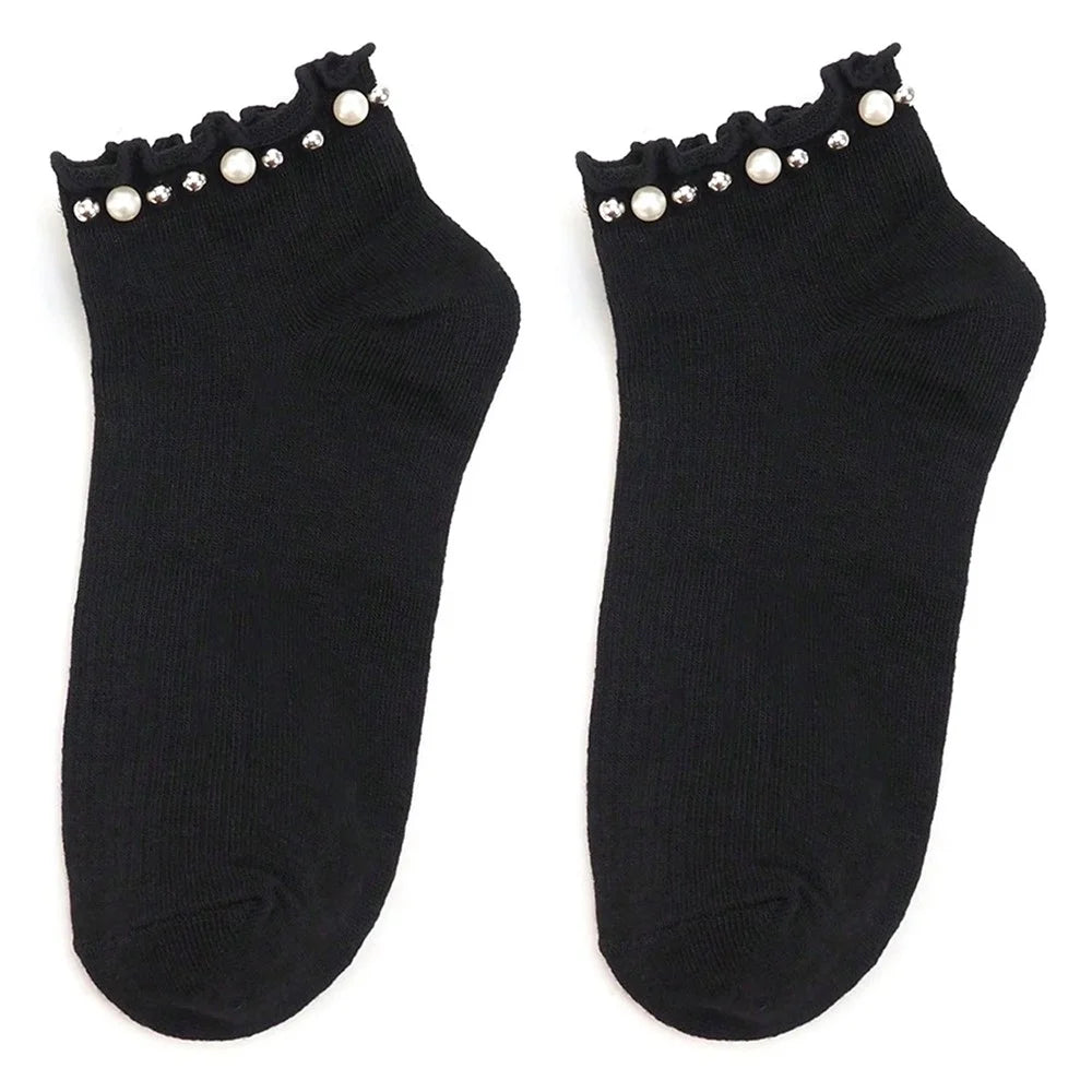 1 Pair Women Faux Pearl Beaded Ruffle Edge Ankle Socks Cotton Blend Casual Vintage Style Low-Cut Socks - Black - 1