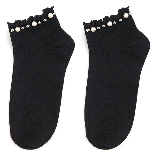 1 Pair Women Faux Pearl Beaded Ruffle Edge Ankle Socks Cotton Blend Casual Vintage Style Low-Cut Socks - Black - 1