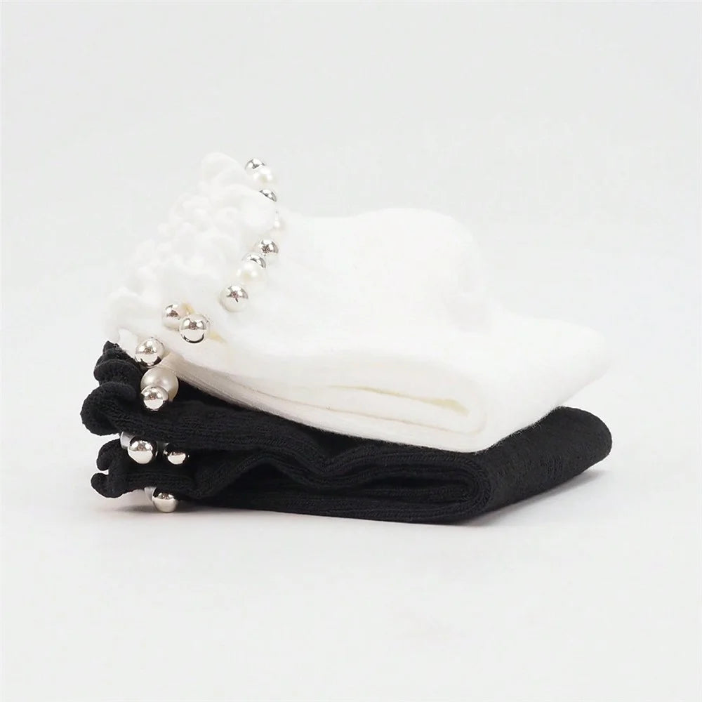 1 Pair Women Faux Pearl Beaded Ruffle Edge Ankle Socks Cotton Blend Casual Vintage Style Low-Cut Socks - Black - 2