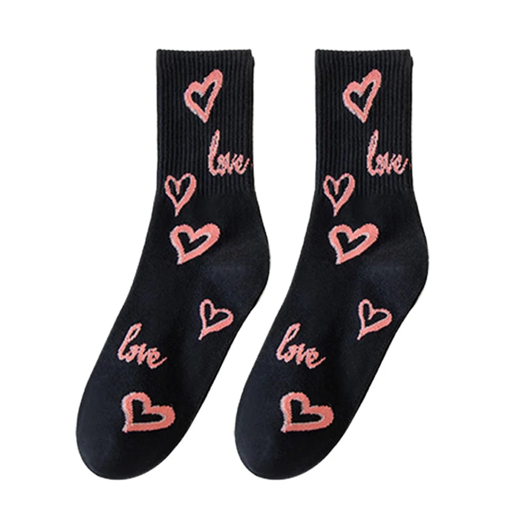 1 Pair Women Mid-Calf Socks Heart Love Pattern Casual Cotton Blend Crew Socks for Daily Wear - Black - 1