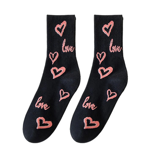 1 Pair Women Mid-Calf Socks Heart Love Pattern Casual Cotton Blend Crew Socks for Daily Wear - Black - 1