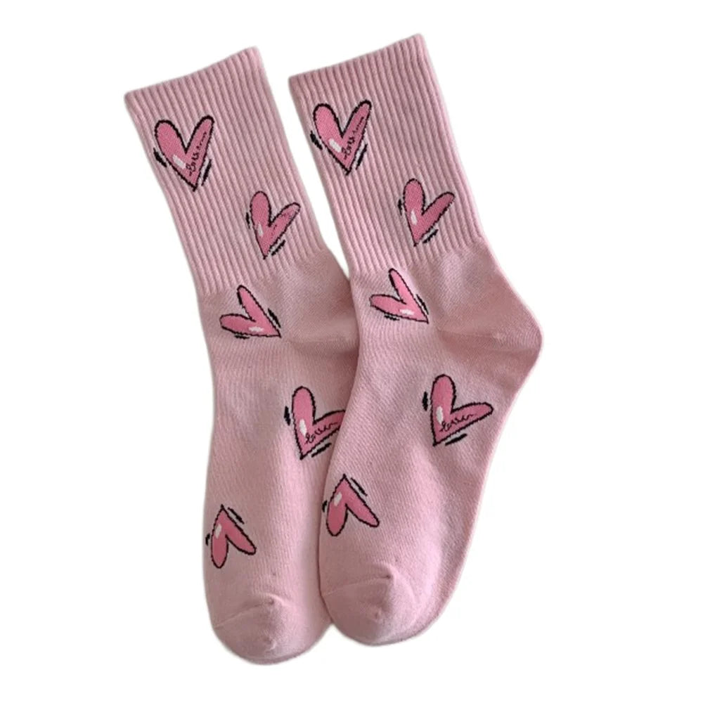 1 Pair Mid-Calf Socks Heart Pattern Women Cotton Blend Fashion Cute Crew Socks for Daily Wear - Pink  /  Heart Pattern - 1