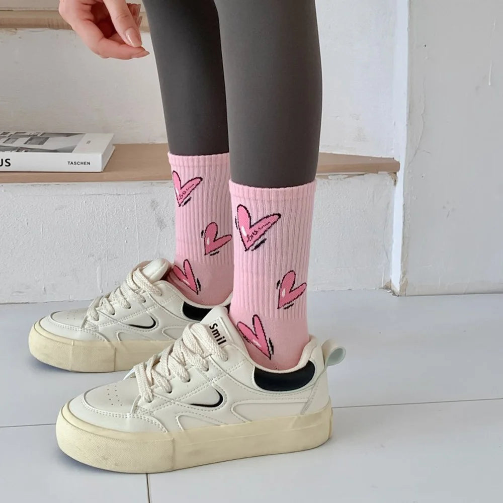 1 Pair Mid-Calf Socks Heart Pattern Women Cotton Blend Fashion Cute Crew Socks for Daily Wear - Pink  /  Heart Pattern - 6