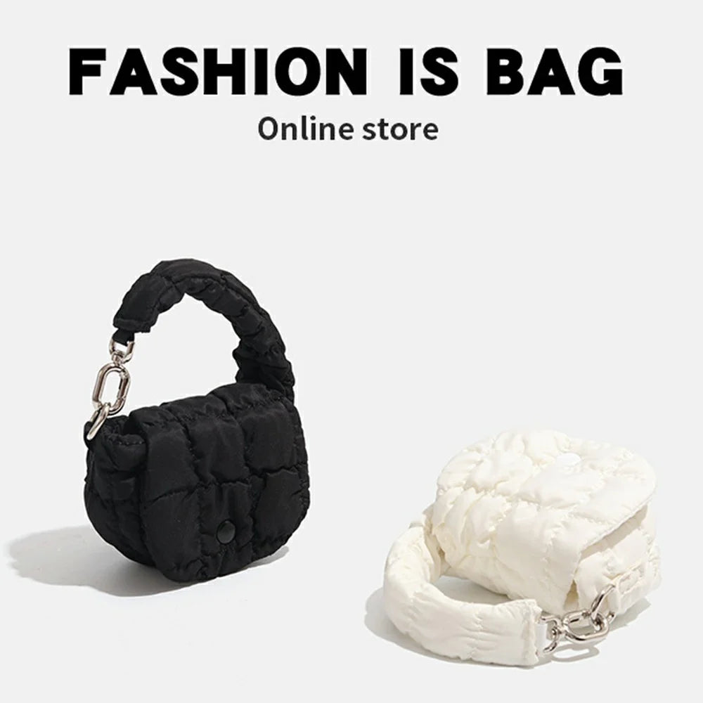 Mini Puffer Handbag Quilted Cloud Bag Lightweight Portable Shoulder Bag for Women - White - 2