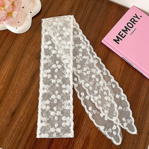 Sweet Mesh Waistband Dual-use Headscarf Women Lace Hairband Long Retro Scarf Dress Decorative Belt - White  /  Tiny Floral - 1