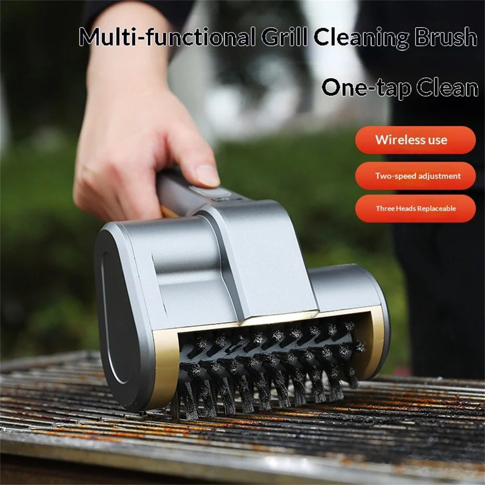 Electric Grill Cleaning Brush Cordless 360 Degrees Rotating IPX6 Waterproof Clean Brush with 3Pcs Brush Heads for BBQ - Gold - 2