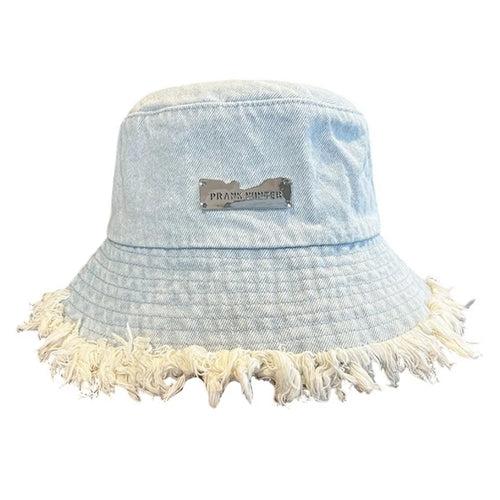 Women Denim Bucket Hat Washed Distressed Frayed Edge Sun Protection Face Slimming Fisherman Hat for Outdoor Spring Summer - Baby Blue - 1