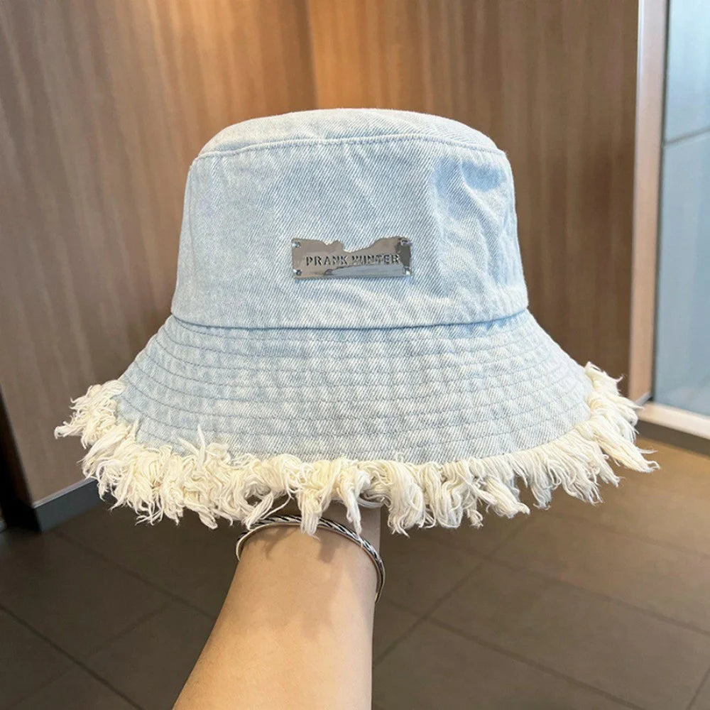 Women Denim Bucket Hat Washed Distressed Frayed Edge Sun Protection Face Slimming Fisherman Hat for Outdoor Spring Summer - Baby Blue - 2