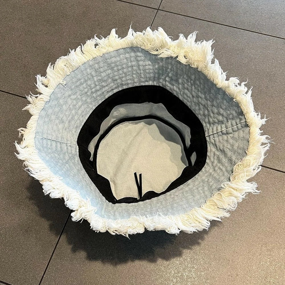 Women Denim Bucket Hat Washed Distressed Frayed Edge Sun Protection Face Slimming Fisherman Hat for Outdoor Spring Summer - Baby Blue - 3