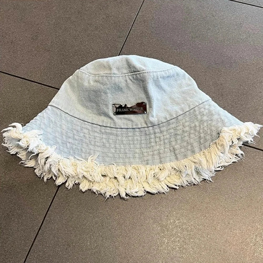 Women Denim Bucket Hat Washed Distressed Frayed Edge Sun Protection Face Slimming Fisherman Hat for Outdoor Spring Summer - Baby Blue - 4