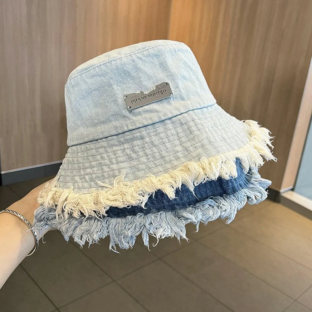 Women Denim Bucket Hat Washed Distressed Frayed Edge Sun Protection Face Slimming Fisherman Hat for Outdoor Spring Summer - Baby Blue - 5