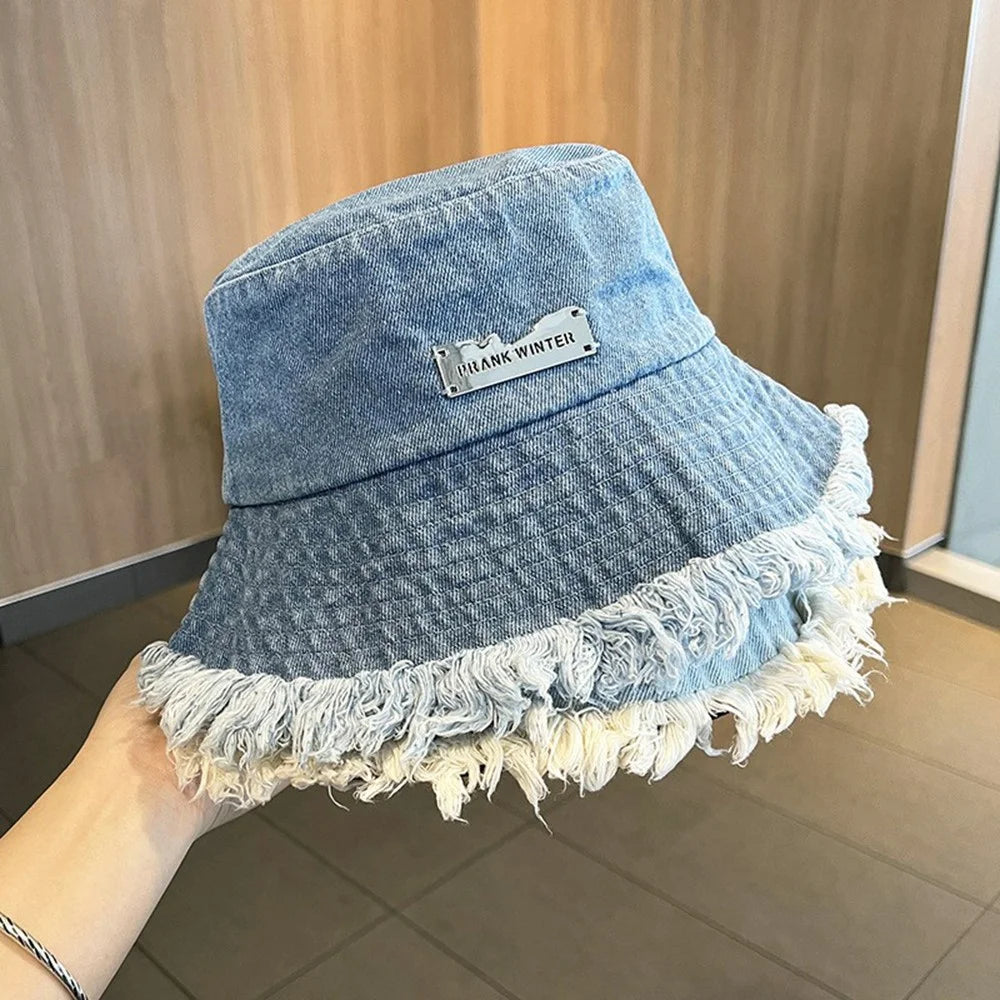 Women Denim Bucket Hat Washed Distressed Frayed Edge Sun Protection Face Slimming Fisherman Hat for Outdoor Spring Summer - Baby Blue - 6