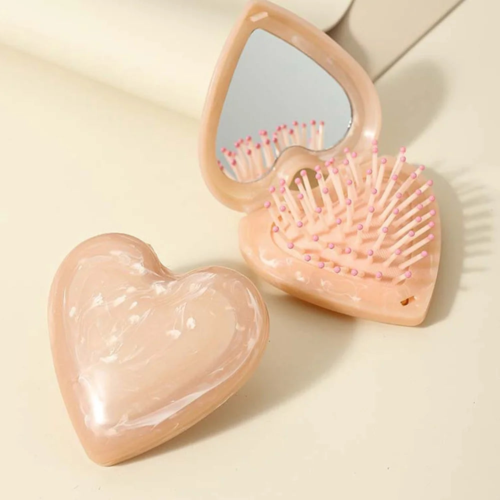 Foldable Heart-shaped Compact Comb with Mirror Marble Pattern Travel Size Beauty Tool Massage Comb for Hair Styling Makeup - Pink - 1