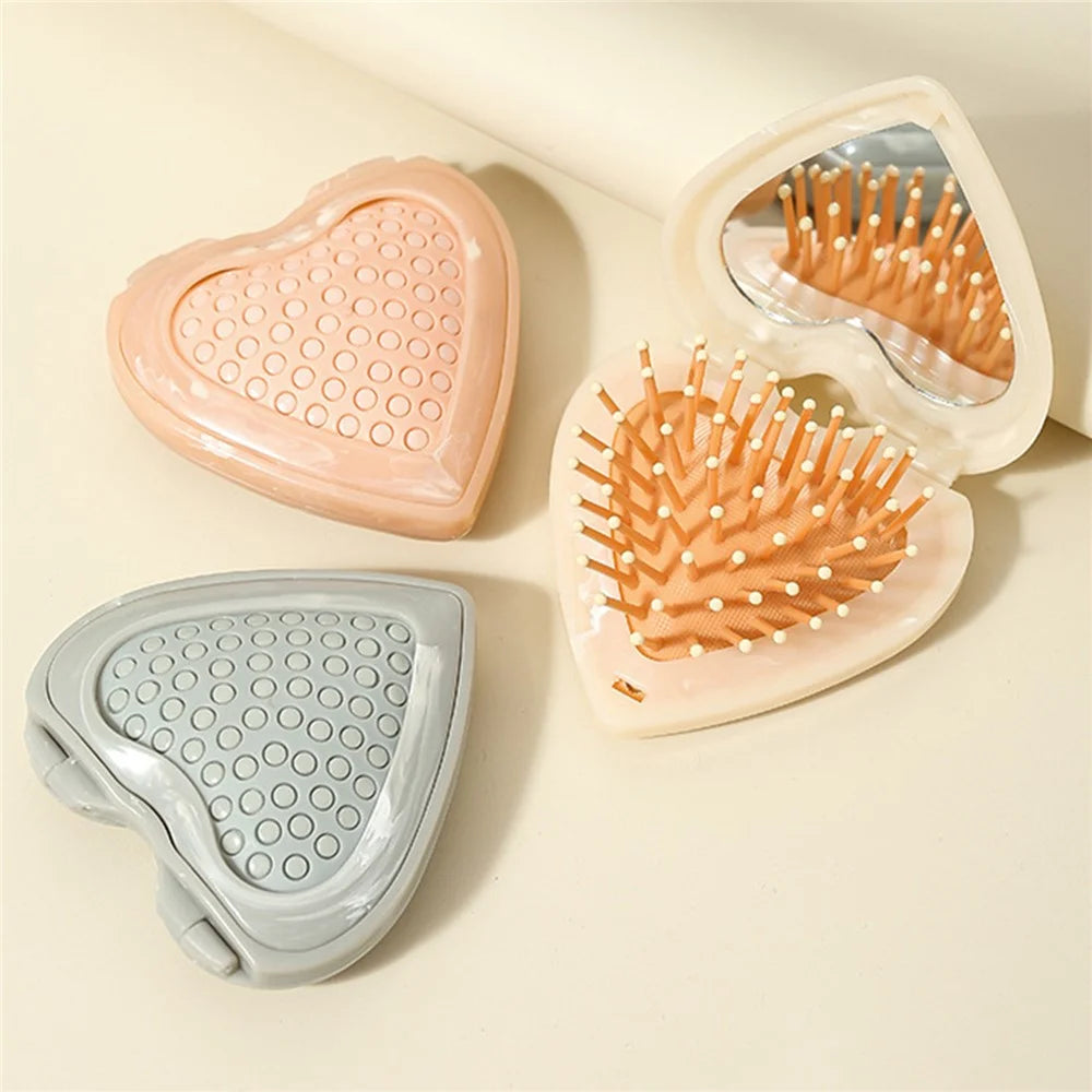 Foldable Heart-shaped Compact Comb with Mirror Marble Pattern Travel Size Beauty Tool Massage Comb for Hair Styling Makeup - Pink - 2