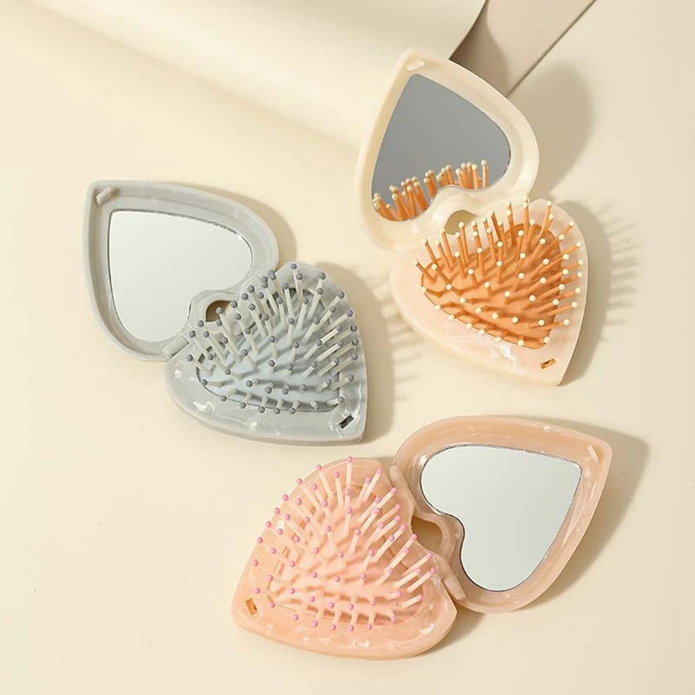 Foldable Heart-shaped Compact Comb with Mirror Marble Pattern Travel Size Beauty Tool Massage Comb for Hair Styling Makeup - Pink - 3