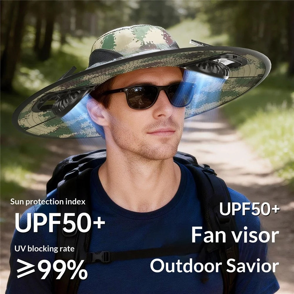 Solar Powered Fan Hat UV Protection UPF50+ Rechargeable Outdoor Sun Protection Cap for Fishing Hiking Golf Cycling - Camouflage Green - 2