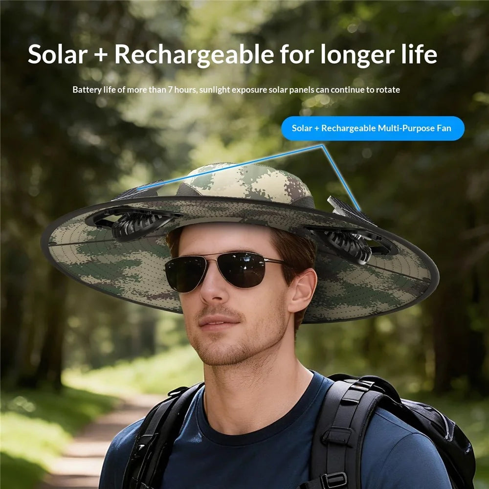 Solar Powered Fan Hat UV Protection UPF50+ Rechargeable Outdoor Sun Protection Cap for Fishing Hiking Golf Cycling - Camouflage Green - 3