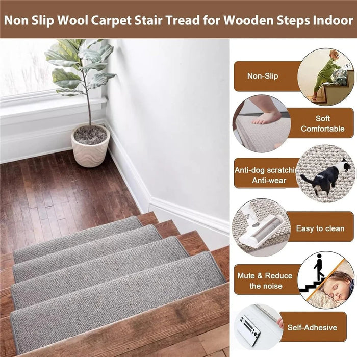 100x24cm Wool Stair Treads Self-Adhesive Non-Slip Carpet Runner Stair Protector Staircase Step Cover for Indoor - Beige  /  Rectangle - 2