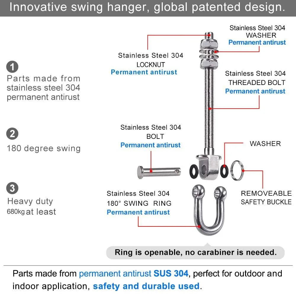 180mm Heavy Duty Swing Hanger with Bearings 304 Stainless Steel 300° Silent Swivel 680kg Capacity Hardware for Porch Swing Yoga Hammock - U-Ring - 2