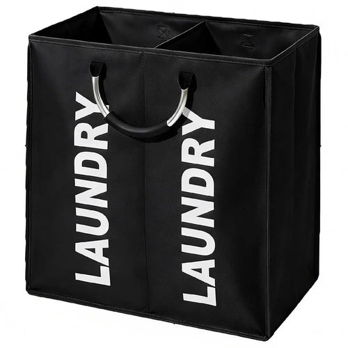 2 Compartments Oxford Fabric Laundry Hamper Bag Aluminum Frame Large Capacity Foldable Storage Basket - Black - 1