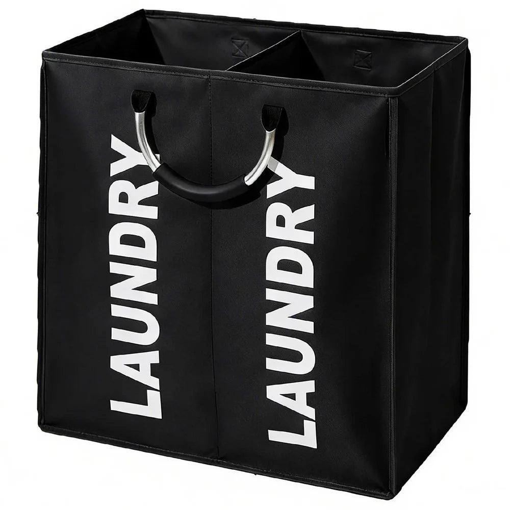 2 Compartments Oxford Fabric Laundry Hamper Bag Aluminum Frame Large Capacity Foldable Storage Basket - Black - 1