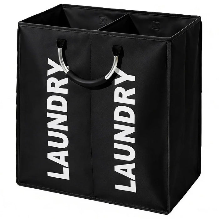 2 Compartments Oxford Fabric Laundry Hamper Bag Aluminum Frame Large Capacity Foldable Storage Basket - Black - 1