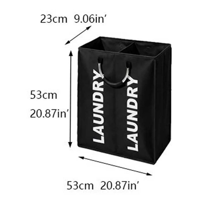 2 Compartments Oxford Fabric Laundry Hamper Bag Aluminum Frame Large Capacity Foldable Storage Basket - Black - 2