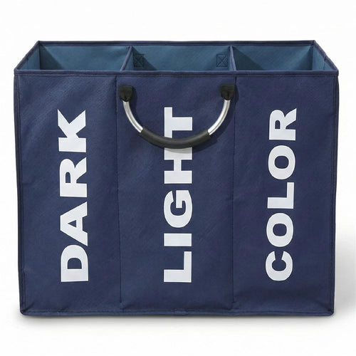 3 Compartments Foldable Large Capacity Laundry Basket Oxford Cloth Storage Hamper Bag with Aluminum Frame - Navy Blue - 1