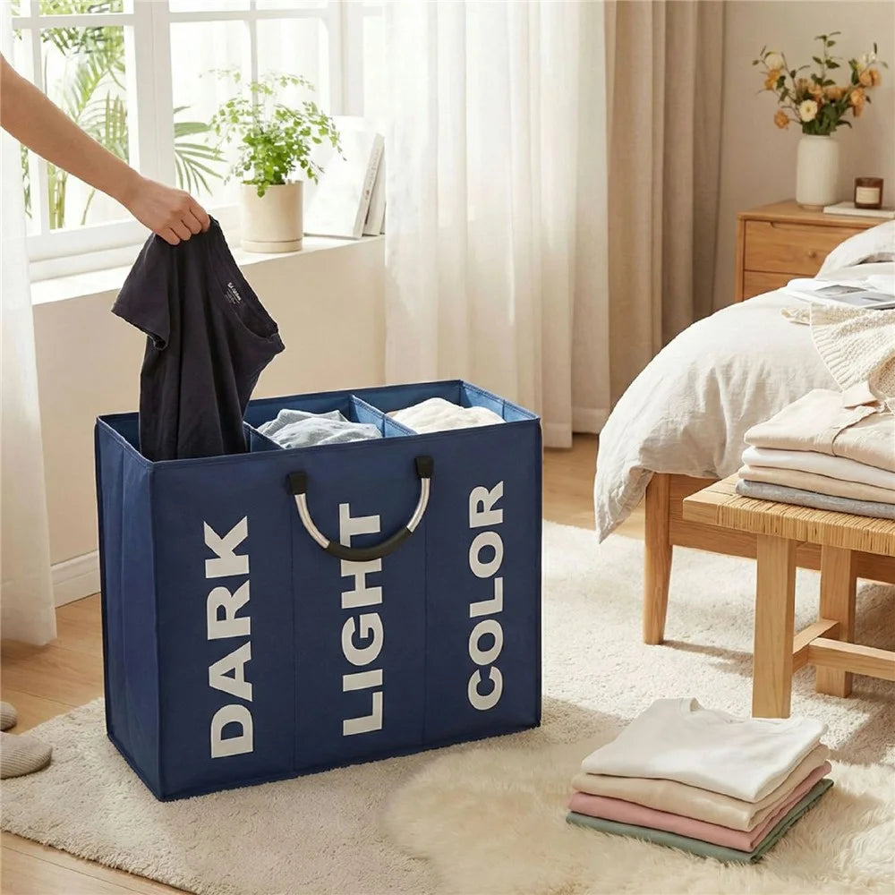 3 Compartments Foldable Large Capacity Laundry Basket Oxford Cloth Storage Hamper Bag with Aluminum Frame - Navy Blue - 2