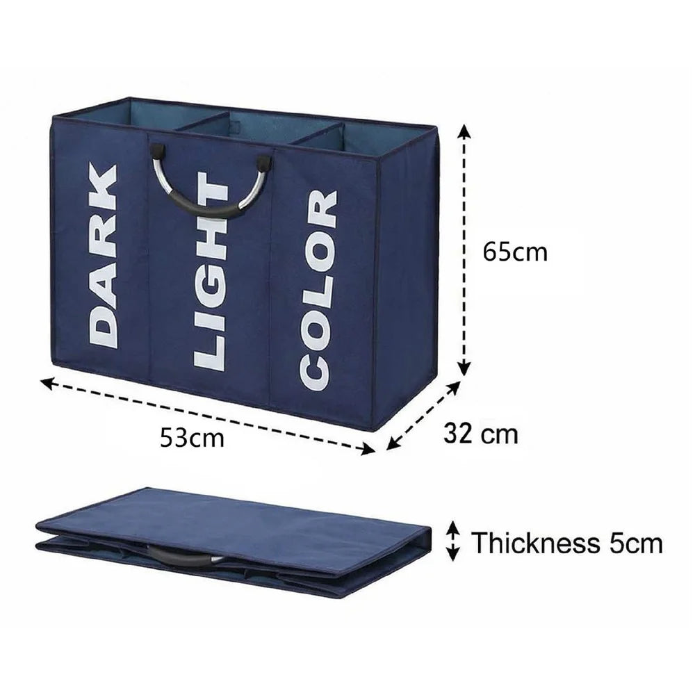 3 Compartments Foldable Large Capacity Laundry Basket Oxford Cloth Storage Hamper Bag with Aluminum Frame - Navy Blue - 3