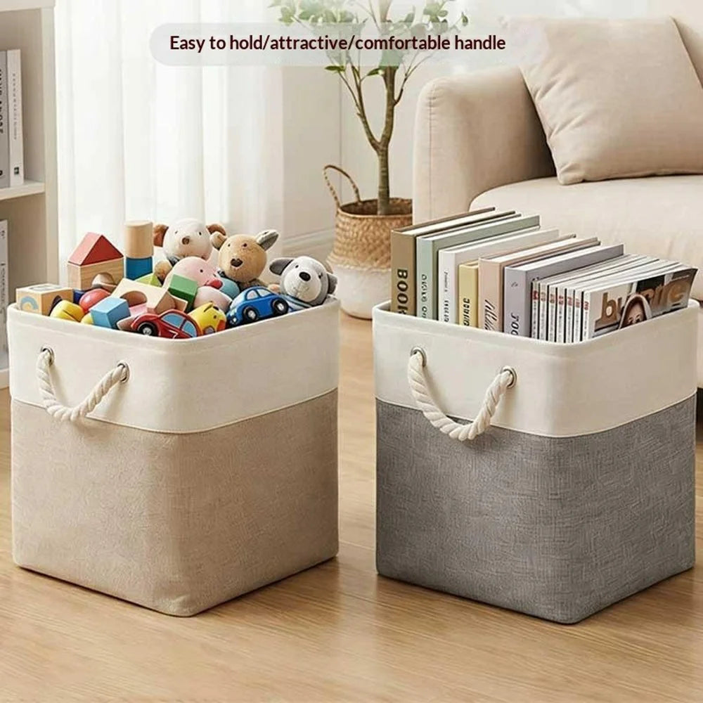 36L Capacity 33x33x33cm Foldable Storage Basket Linen-like Laundry Hamper Bag with Handles for Toys Clothes Books - Khaki - 2