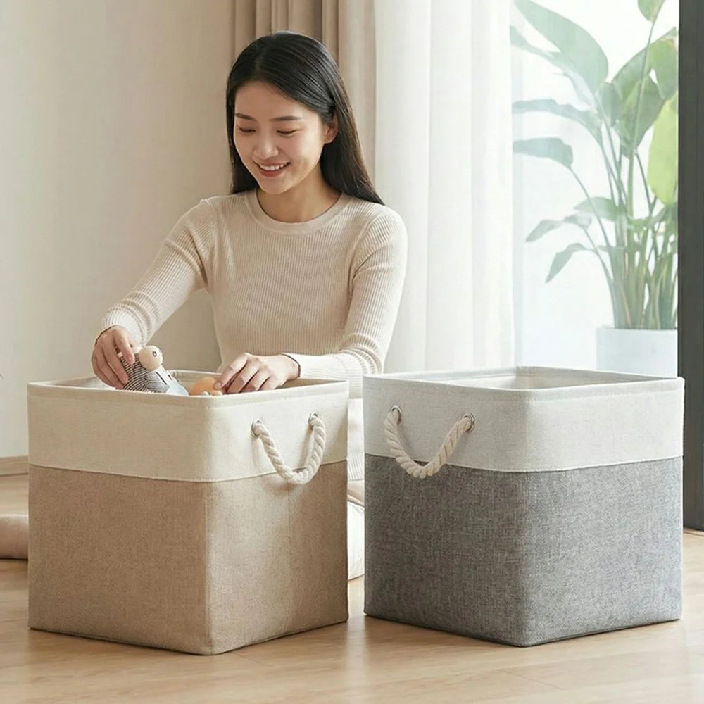 36L Capacity 33x33x33cm Foldable Storage Basket Linen-like Laundry Hamper Bag with Handles for Toys Clothes Books - Khaki - 4