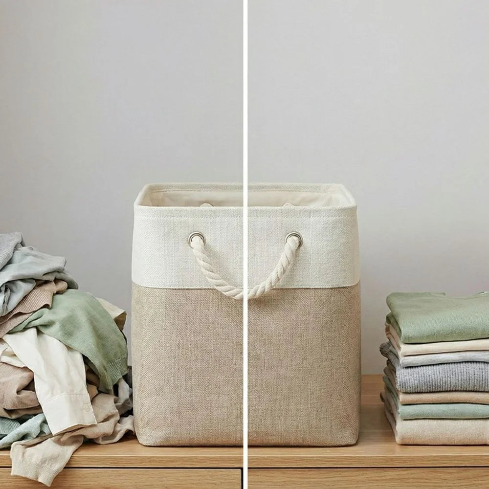 36L Capacity 33x33x33cm Foldable Storage Basket Linen-like Laundry Hamper Bag with Handles for Toys Clothes Books - Khaki - 5