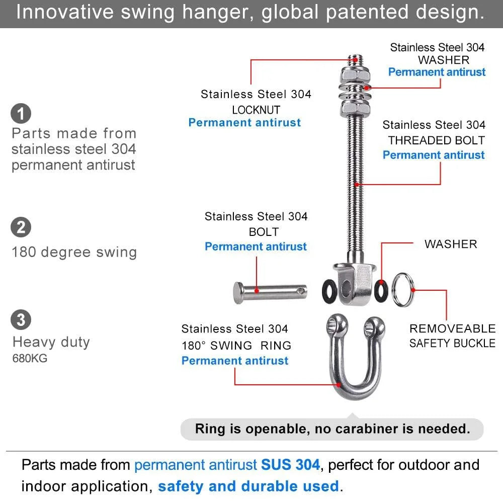 2Pcs 150mm Heavy Duty Swing Hanger 680kg Capacity 304 Stainless Steel Porch Swing Hook Hardware Kit for Hanging Hammocks Yoga Porch Swing - U-Ring - 5