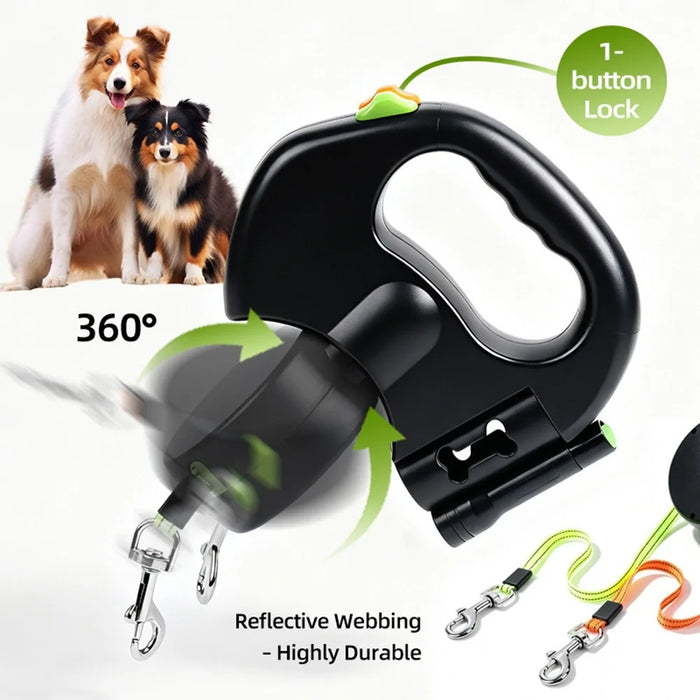2 in 1 Retractable Dog Leash LED Lighting Tangle Free Reflective Walking Leash with Ergonomic Handle - Black - 2