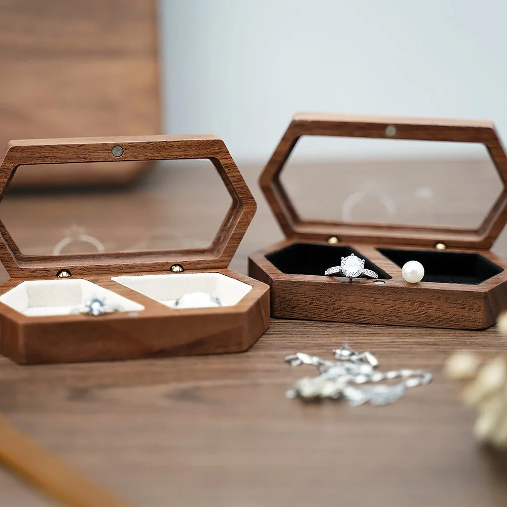 Hexagon Shaped Wooden Ring Storage Box Mini Portable Travel Transparent Display Jewelry Storage Case - RB517-C4  /  Green - 2