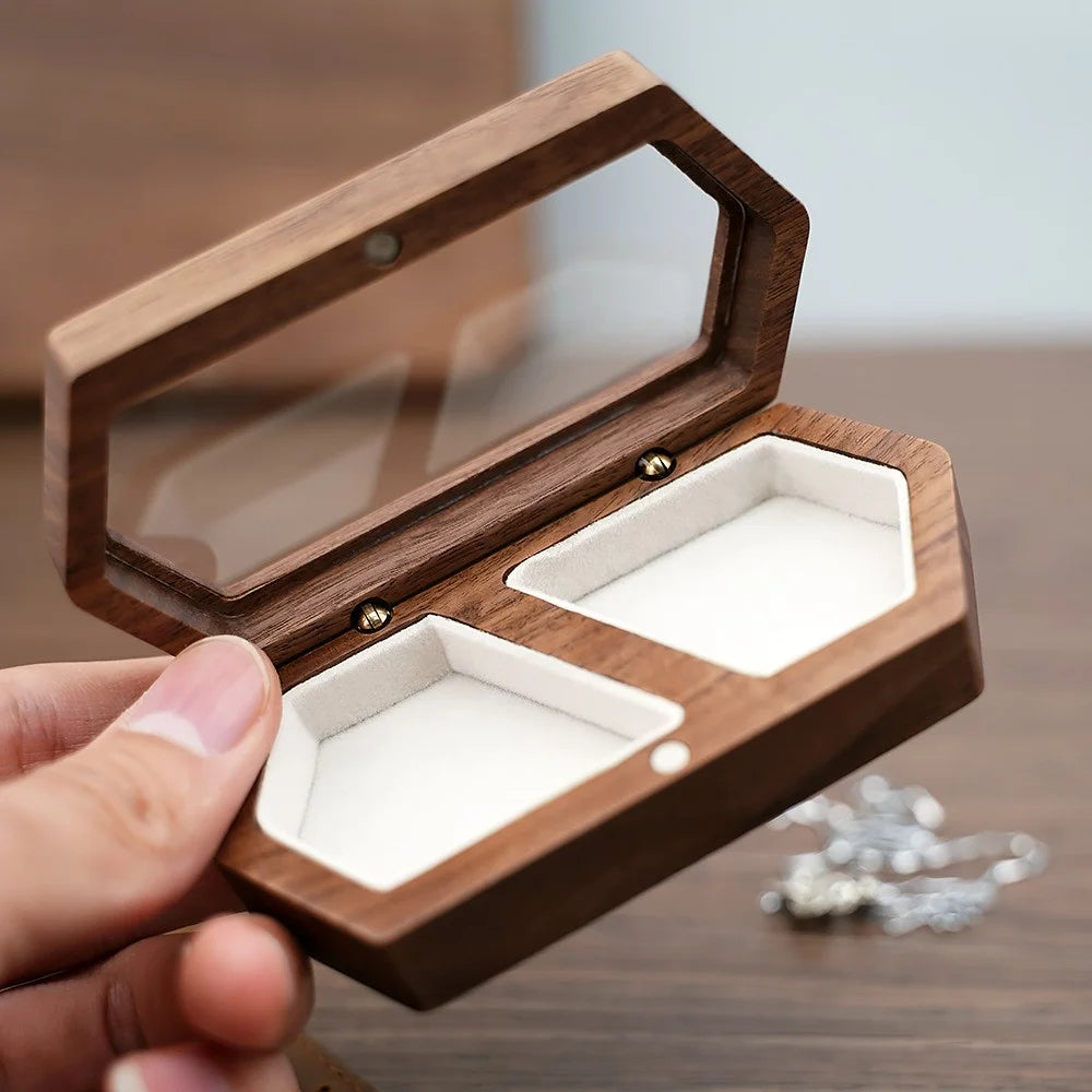 Hexagon Shaped Wooden Ring Storage Box Mini Portable Travel Transparent Display Jewelry Storage Case - RB517-C4  /  Green - 3