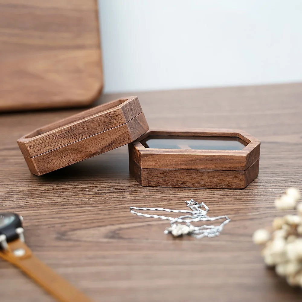 Hexagon Shaped Wooden Ring Storage Box Mini Portable Travel Transparent Display Jewelry Storage Case - RB517-C4  /  Green - 4