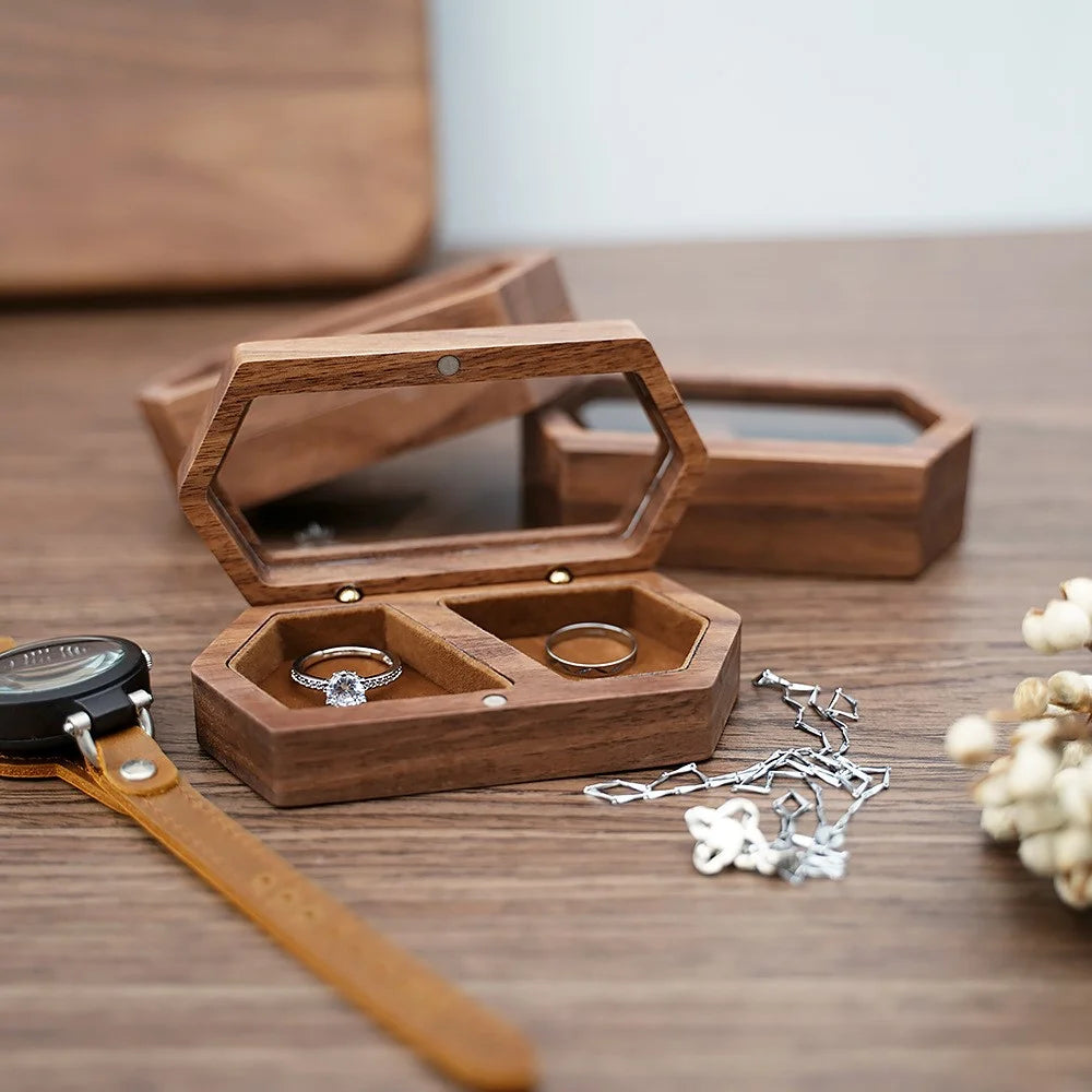 Hexagon Shaped Wooden Ring Storage Box Mini Portable Travel Transparent Display Jewelry Storage Case - RB517-C4  /  Green - 5