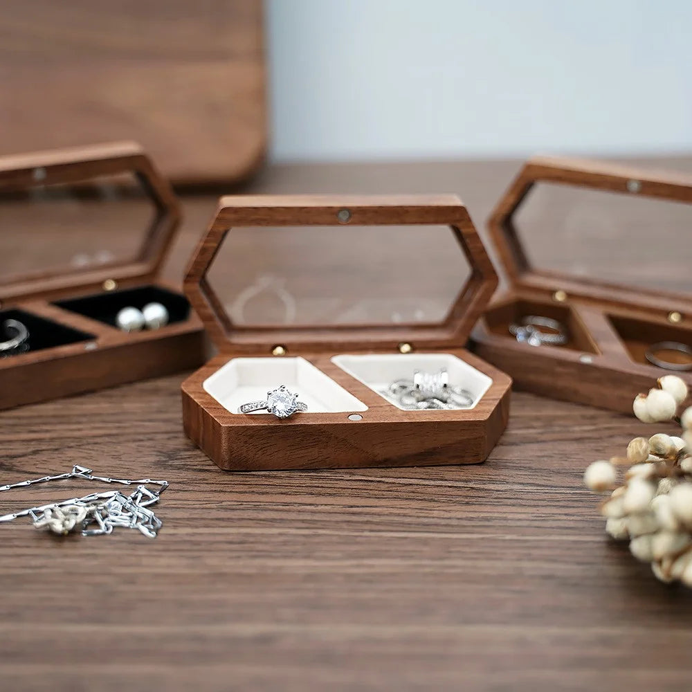 Hexagon Shaped Wooden Ring Storage Box Mini Portable Travel Transparent Display Jewelry Storage Case - RB517-C4  /  Green - 6