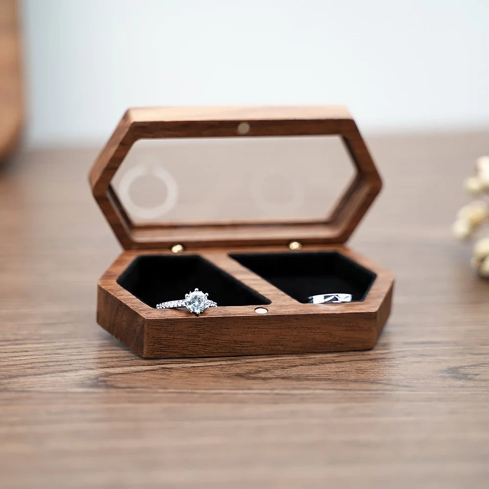 Hexagon Shaped Wooden Ring Storage Box Mini Portable Travel Transparent Display Jewelry Storage Case - RB517-C4  /  Green - 7