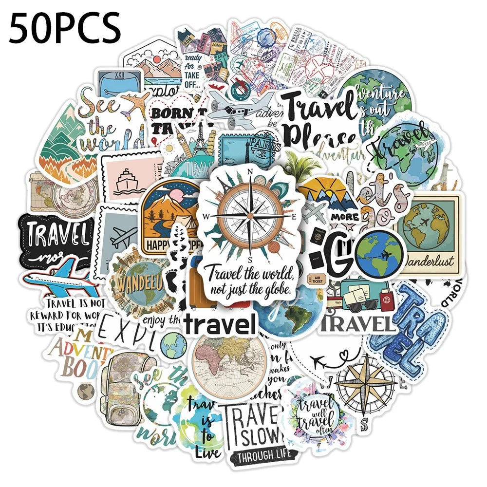 50Pcs Travel Cartoon Stickers Waterproof PVC Decorative Decals for Luggage Laptop Phone Case Notebook Scrapbooking - 1