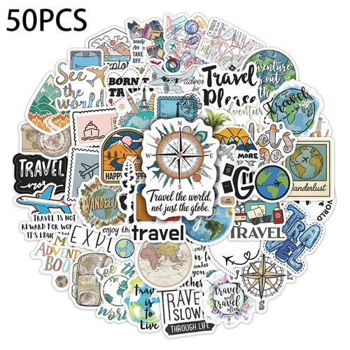 50Pcs Travel Cartoon Stickers Waterproof PVC Decorative Decals for Luggage Laptop Phone Case Notebook Scrapbooking - 1