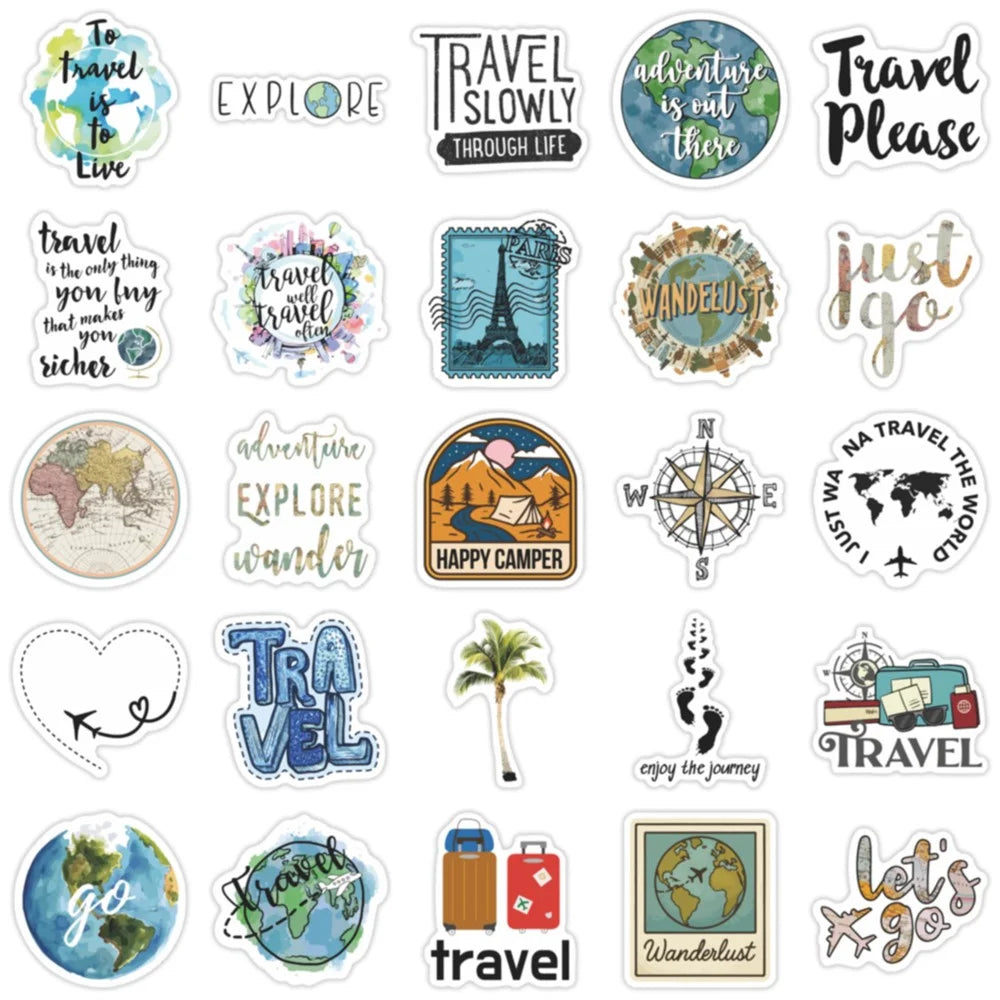 50Pcs Travel Cartoon Stickers Waterproof PVC Decorative Decals for Luggage Laptop Phone Case Notebook Scrapbooking - 3
