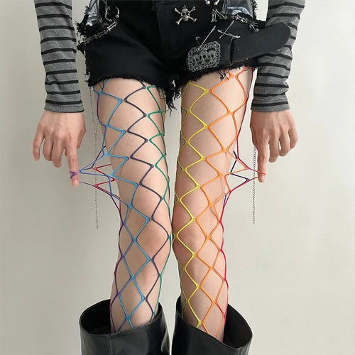 Rainbow Gradient Fishnet Stockings Asymmetric Hollow Out Mesh Pantyhose for Retro Style - Large Net  /  Rainbow Style - 1