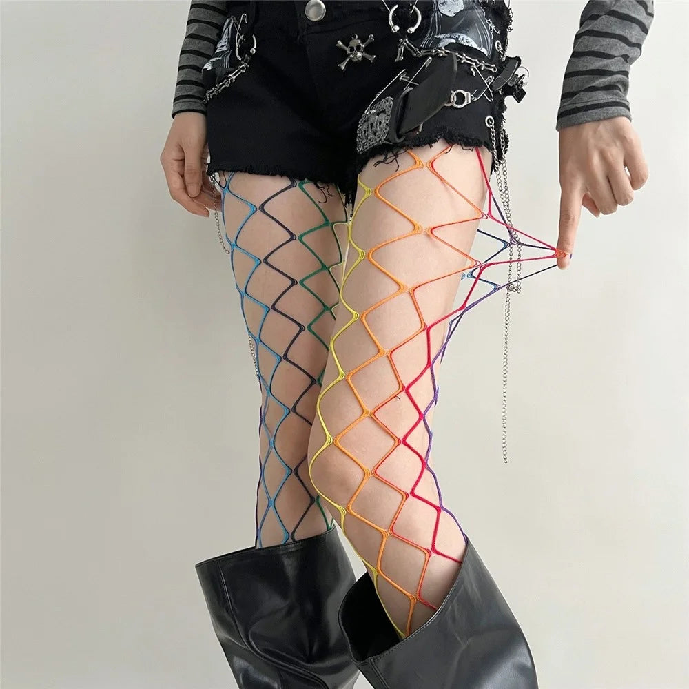 Rainbow Gradient Fishnet Stockings Asymmetric Hollow Out Mesh Pantyhose for Retro Style - Large Net  /  Rainbow Style - 2