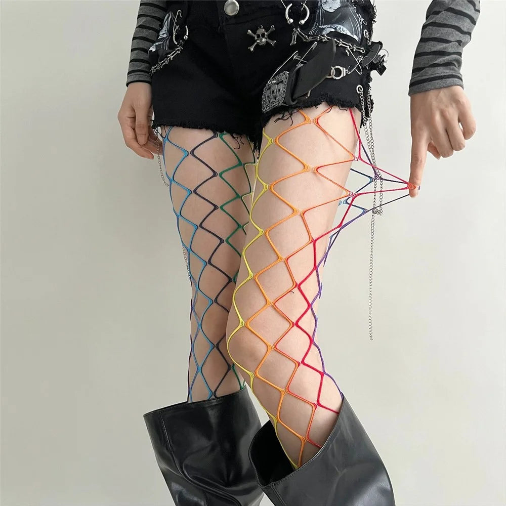 Rainbow Gradient Fishnet Stockings Asymmetric Hollow Out Mesh Pantyhose for Retro Style - Large Net  /  Rainbow Style - 5